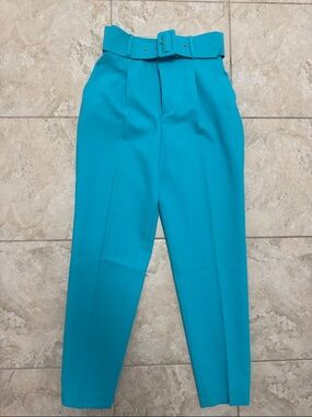 Zara Turquoise High-Waist Belted Tapered Trousers